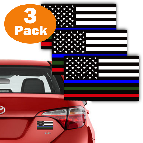 3 Pack Blue Green Red Line Reflective USA American Flag Decal 3